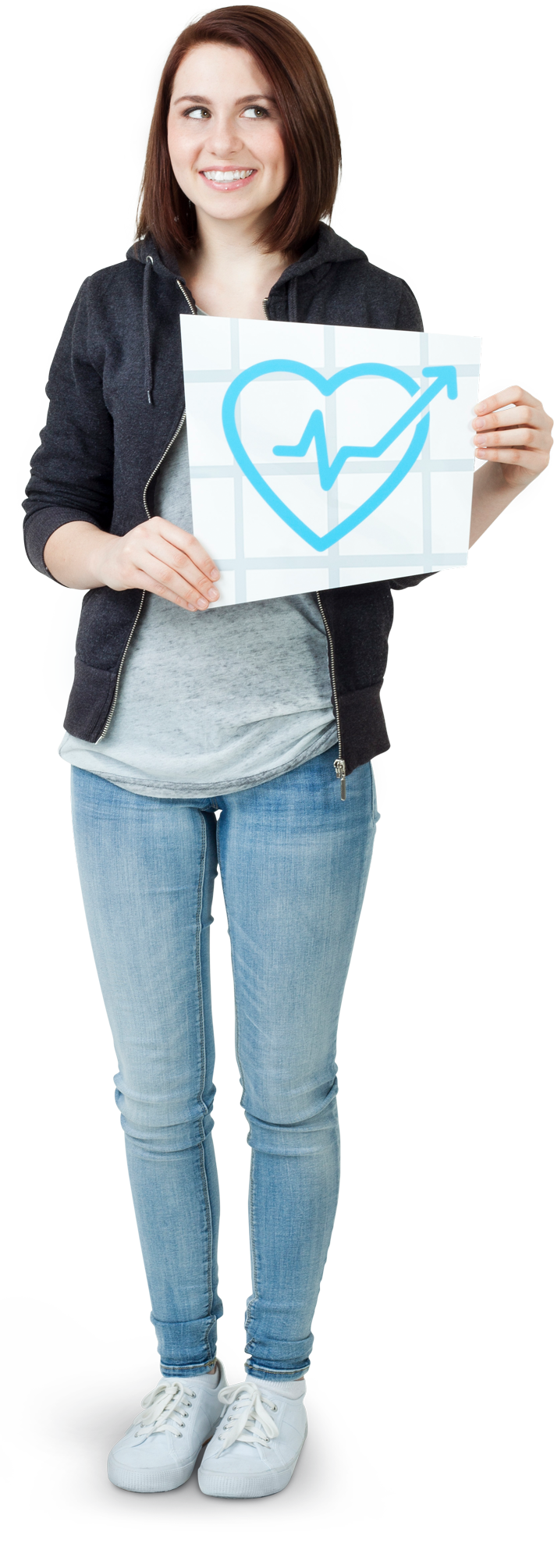 Eine junge Frau hält ein Herzfoto in der Hand. 